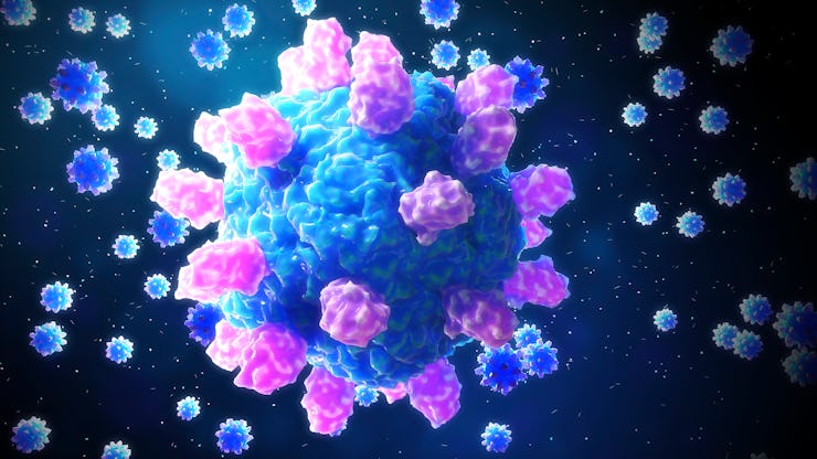 Astrovirus particles, illustration. Astroviruses are small viruses, about 28 nanometres in diameter,...