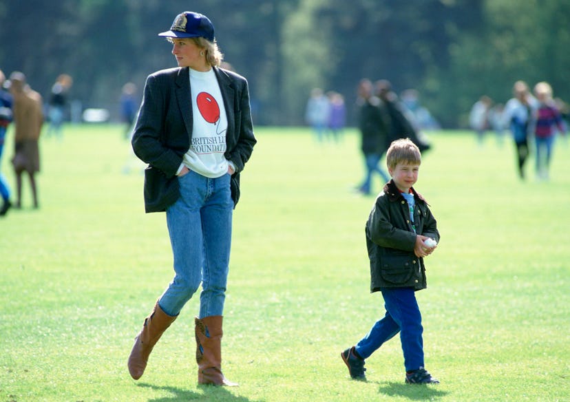 Princess Diana in a t-shirt, jeans, and blazer.