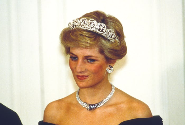 BONN, GERMANY - NOVEMBER 02: Diana, Princess of Wales, wearing a midnight blue velvet, off the shoul...