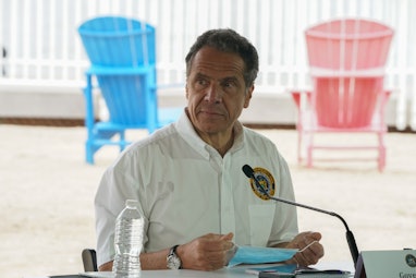 New York Governor Andrew Cuomo speaks at a press conference at the Theater at Jones Beach on May 24,...