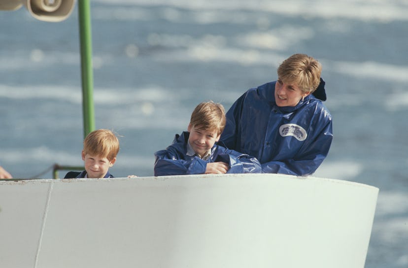 Princess Diana wore rain gear with her sons in Canada.