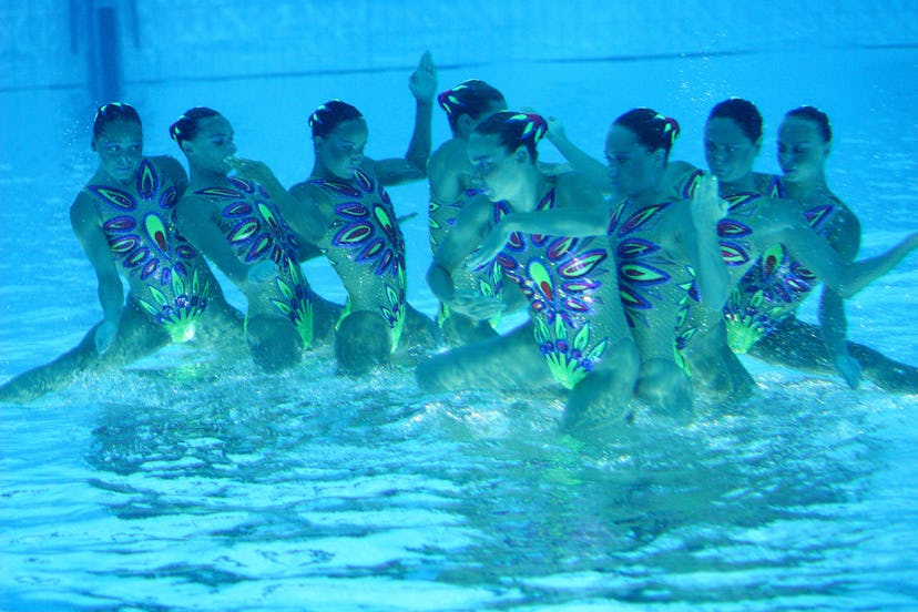 Japanese Team competes in the final of Free Routine Synchronised Swimming during the Athens 2004 Oly...