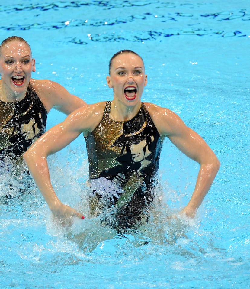 Russia's Natalia Ischenko and Svetlana Romashina in action in the Duets Technical Routine   (Photo b...