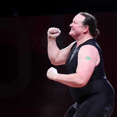 Laurel Hubbard of New Zealand reacts during the Weightlifting Women's +87kg Final at Tokyo 2020 Olym...