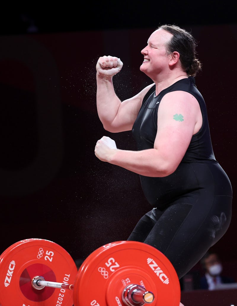 Laurel Hubbard of New Zealand reacts during the Weightlifting Women's +87kg Final at Tokyo 2020 Olym...