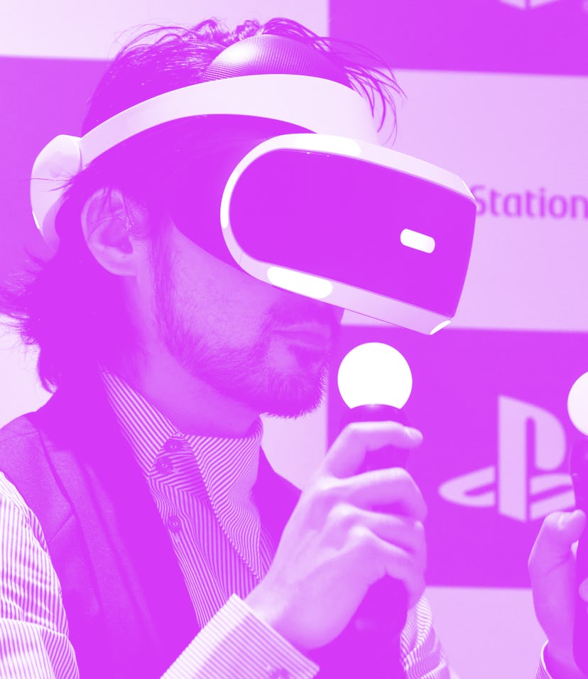 Japanese actor Takayuki Yamada uses PlayStation VR (PSVR) headset during the launch of the product a...