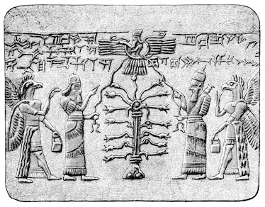 Illustration of the Tree of Life with Assyrian King and with winged creature as guardian and fertili...