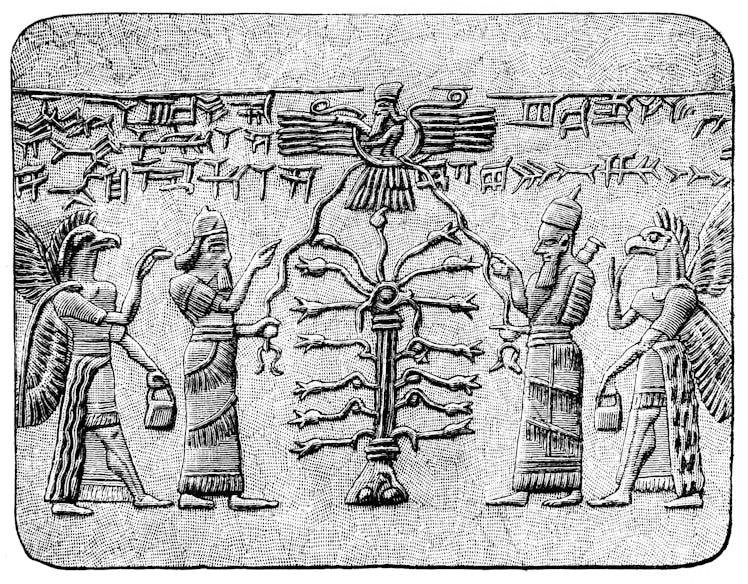 Illustration of the Tree of Life with Assyrian King and with winged creature as guardian and fertili...