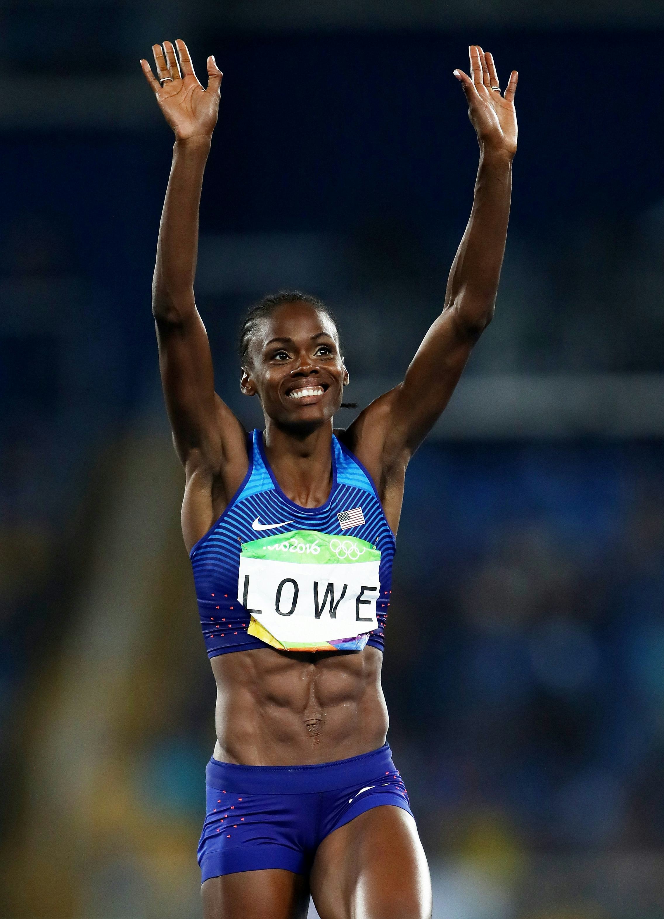 RIO DE JANEIRO, BRAZIL - AUGUST 20:  Chaunte Lowe of the United States  reacts as she competes in th...