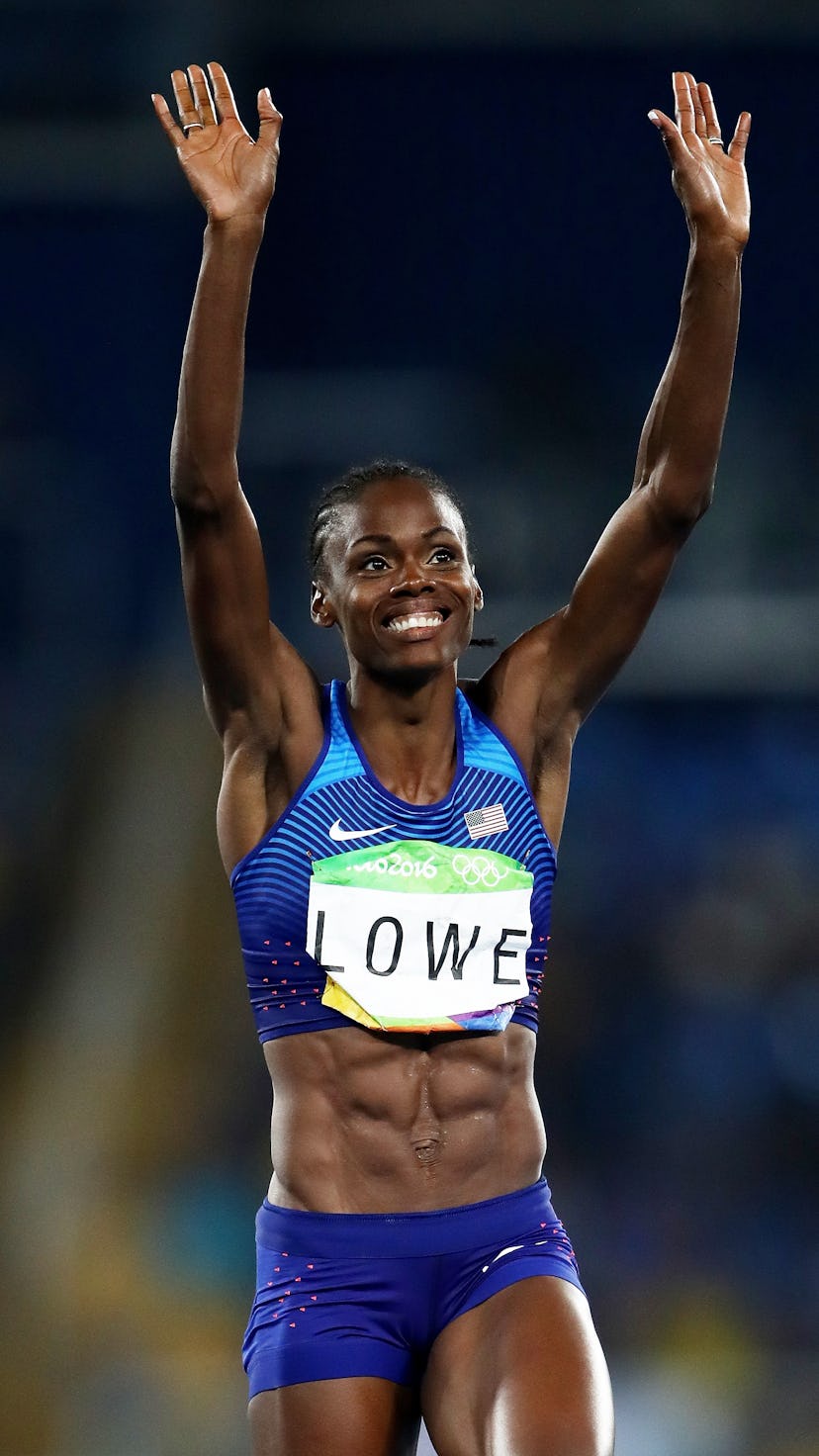 RIO DE JANEIRO, BRAZIL - AUGUST 20:  Chaunte Lowe of the United States  reacts as she competes in th...