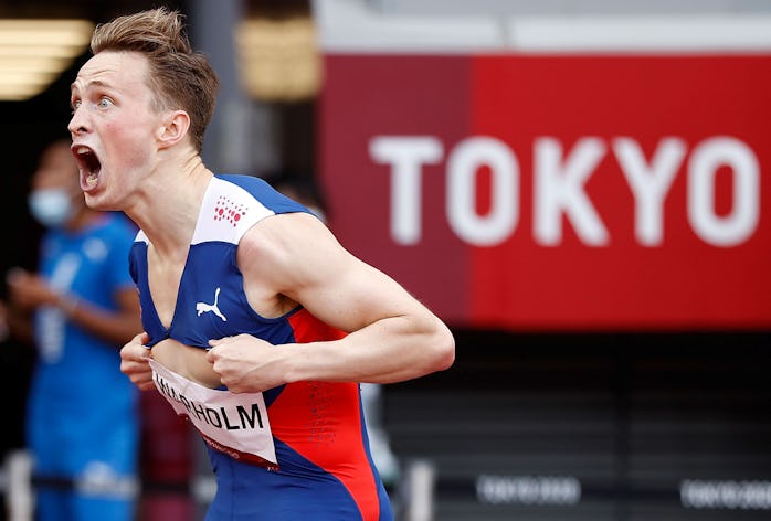 Karsten Warholm of Norway celebrates after the Men's 400m Hurdles Final at the Tokyo 2020 Olympic Ga...