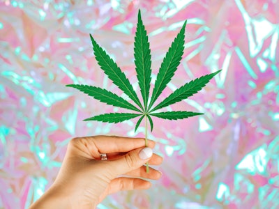Cannabis leaf in woman hand on light holographic background