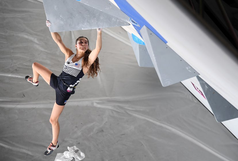 Brooke Raboutou competing during the Sport Climbing Women's Combined, Bouldering Olympic Qualificati...