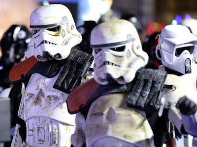 LONDON, ENGLAND - DECEMBER 18: A general view of stormtroopers attend the "Star Wars: The Rise of Sk...