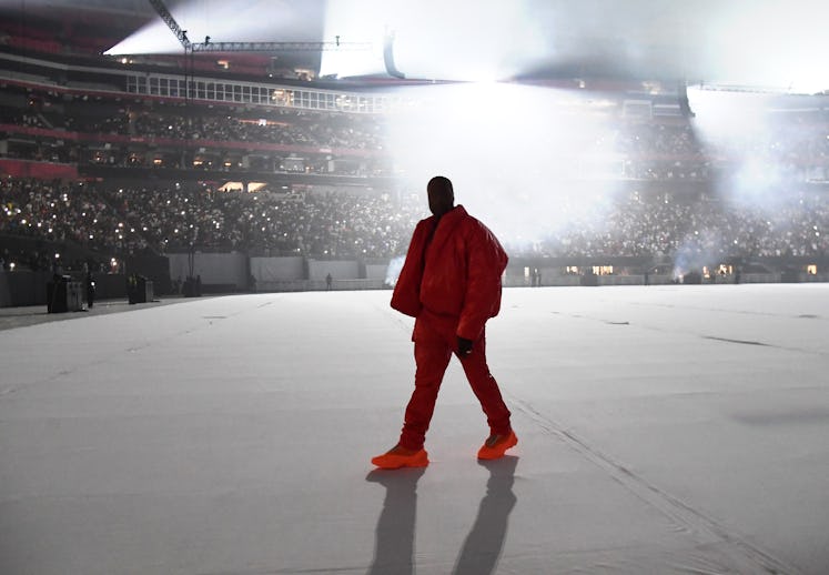 Kanye West is seen at ‘DONDA by Kanye West’ listening event at Mercedes-Benz Stadium. He's wearing a...