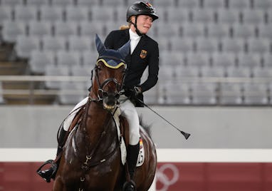 TOKYO, JAPAN - AUGUST 6, 2021: Germany's Annika Schleu competes in the women's individual riding sho...