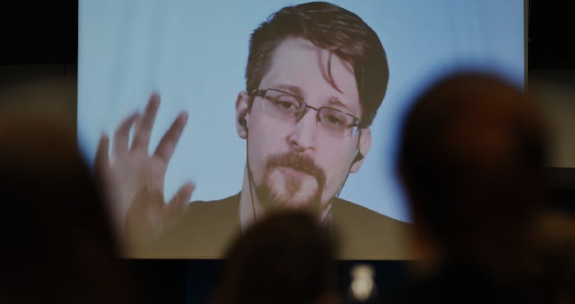 Former US National Security Agency (NSA) contractor and whistle blower Edward Snowden speaks via vid...
