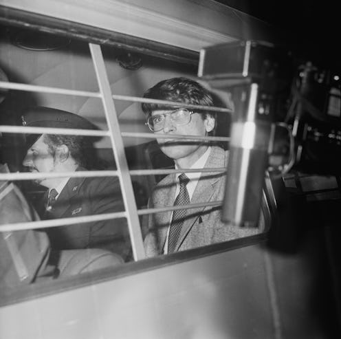 British serial killer Dennis Nilsen (1945 - 2018) escorted in a police van, UK, 5th November 1983. (...
