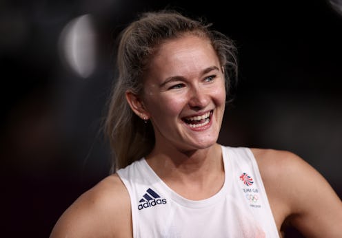 Shauna Coxsey of Team Great Britain is interviewed after the Sport Climbing Women's event at the Tok...