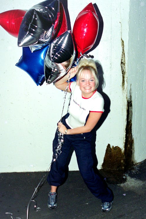 Emma Bunton (Baby Spice) of The Spice Girls celebrate as their single Viva Forever goes to number on...