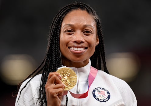 TOKYO, JAPAN - AUGUST 07: Allyson Felix of Team United States poses with her medal after winning gol...