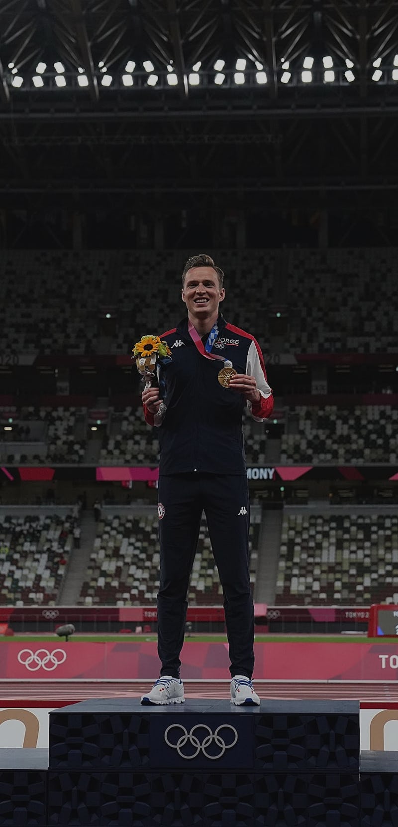 From L to R Silver medalist Rai Benjamin of the United States, gold medalist Karsten Warholm of Norw...