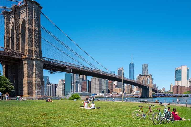 Brooklyn, New York, USA - June 13, 2020: New Yorkers enjoying a beautiful day in Brooklyn Bridge Par...