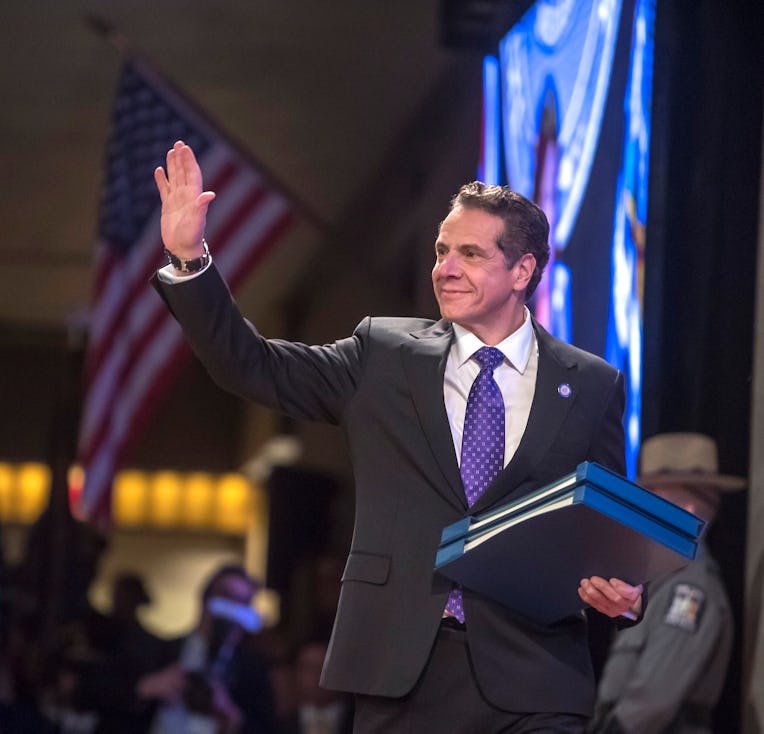 Albany, N.Y.: New York State Governor Andrew Cuomo waves before being introduced by Lieu. Gov Kathy ...