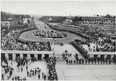 Adolf Hitler Arriving at Olympic Stadium at Beginning of Olympic Games, Berlin, Germany, August 2, 1...