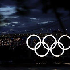 TOKYO, JAPAN - AUGUST 08:  A general view of Olympic Rings and Rainbow Bridge prior to the Closing C...