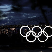 TOKYO, JAPAN - AUGUST 08:  A general view of Olympic Rings and Rainbow Bridge prior to the Closing C...