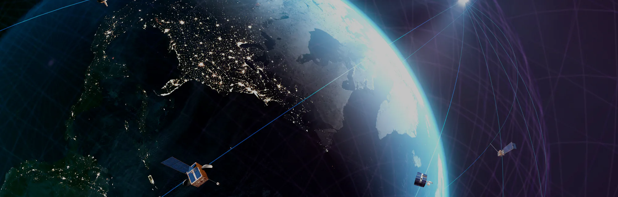 Global satellite communications. Conceptual representation of a global network of communications sat...