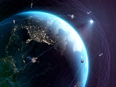 Global satellite communications. Conceptual representation of a global network of communications sat...