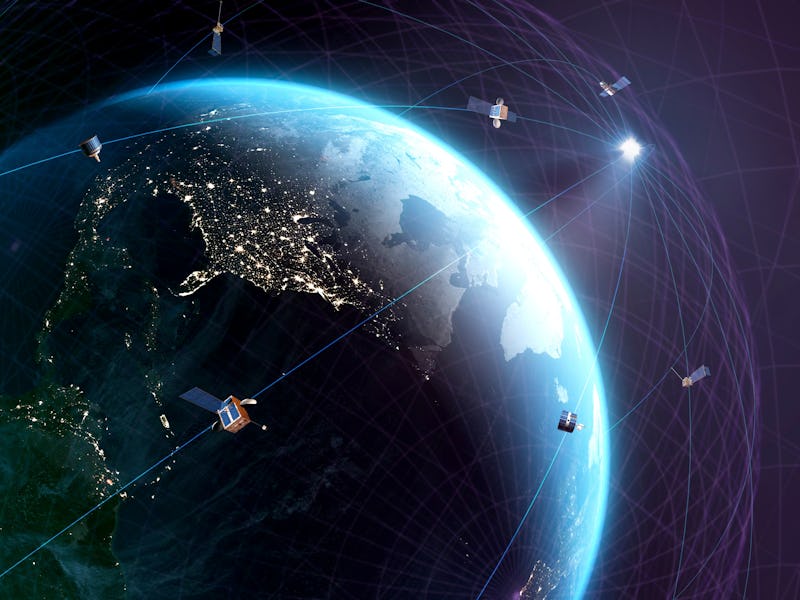 Global satellite communications. Conceptual representation of a global network of communications sat...