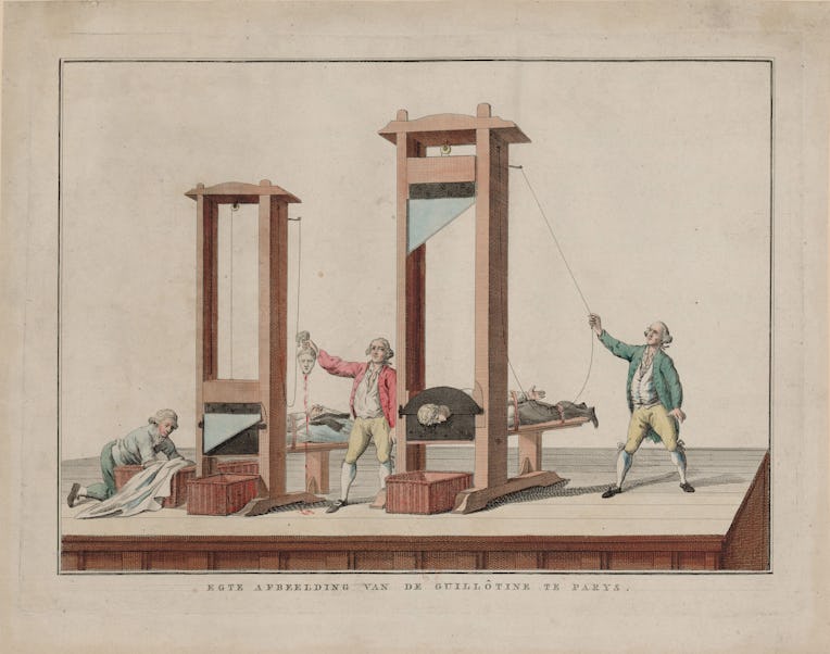 Real depiction of the guillotine at Paris, 1791-1792. Found in the Collection of Bibliothèque Nation...