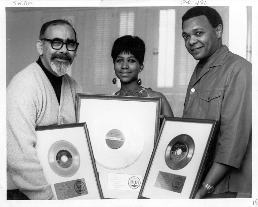 Record producer Jerry Wexler, soul singer Aretha Franklin and her husband and manager Ted White pose...