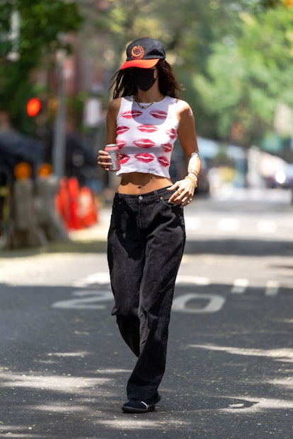 NEW YORK, NEW YORK - AUGUST 07: Bella Hadid is seen in the West Village on August 07, 2021 in New Yo...