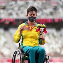 Australia's Robyn Lambird poses with her bronze medal after finishing third in the Women's 100 metre...