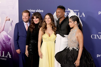 LOS ANGELES, CALIFORNIA - AUGUST 30: (L-R) James Corden, Idina Menzel, Kay Cannon, Billy Porter, and...