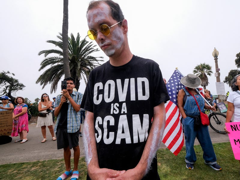 Anti-vaccination protesters take part in a rally against Covid-19 vaccine mandates, in Santa Monica,...