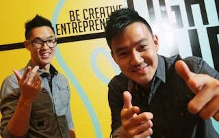 Wesley Chan (Left) and Philip Wang, from Wong Fu productions, pose at the Academy Community Hall of ...