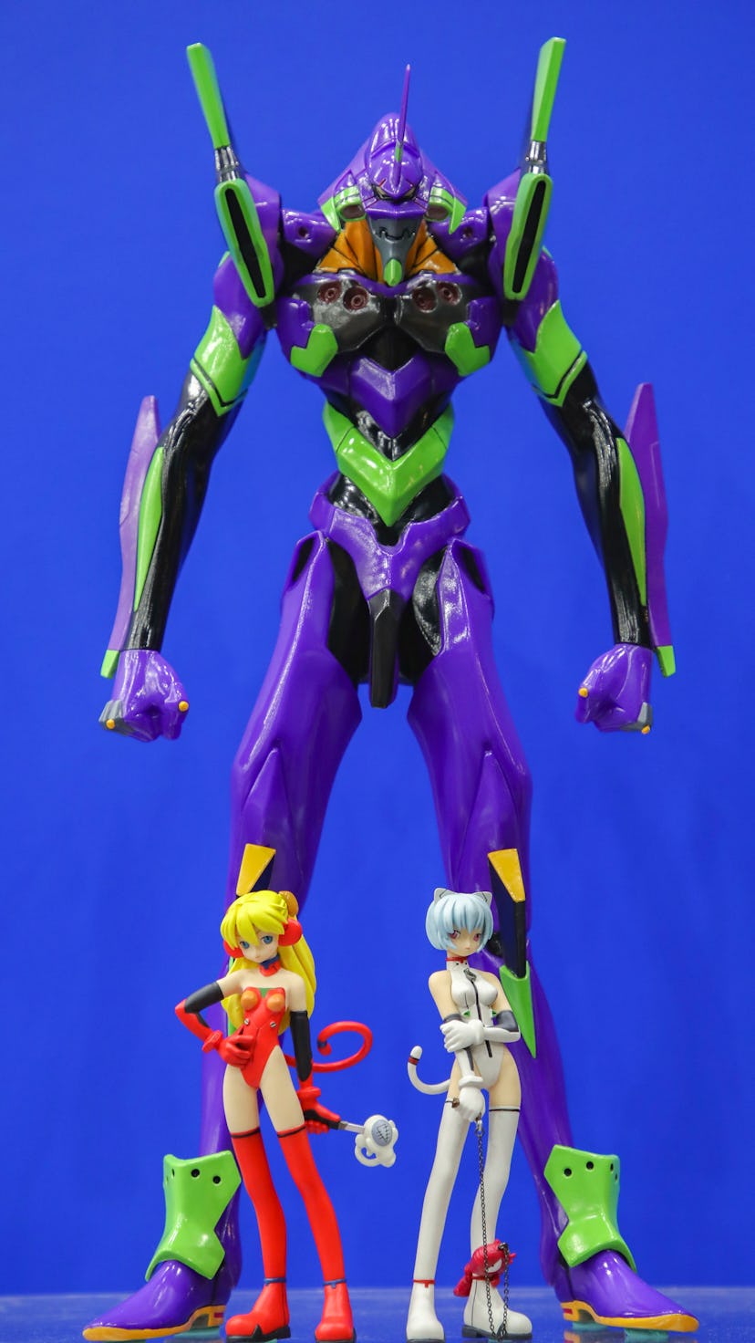 Characters from animation Evangelion on display on first day of TOYSOUL 2017 at the International Tr...