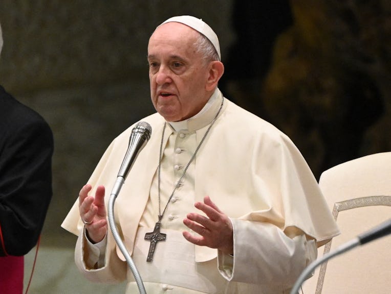 Pope Francis holds his weekly general audience at the Paul VI hall in the Vatican on August 25, 2021...