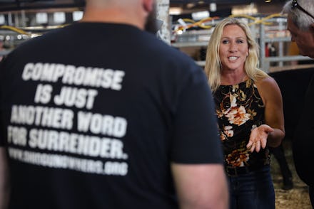 DES MOINES, IOWA - AUGUST 19: U.S. Rep. Marjorie Taylor Greene (R-GA) speaks with fairgoers as she ...