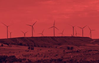 PRADEJóN, LOGROñO, SPAIN - 2021/08/25: A view of wind turbines at the Wind Energy Plant Raposeras in...