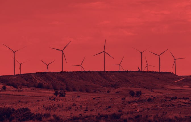 PRADEJóN, LOGROñO, SPAIN - 2021/08/25: A view of wind turbines at the Wind Energy Plant Raposeras in...