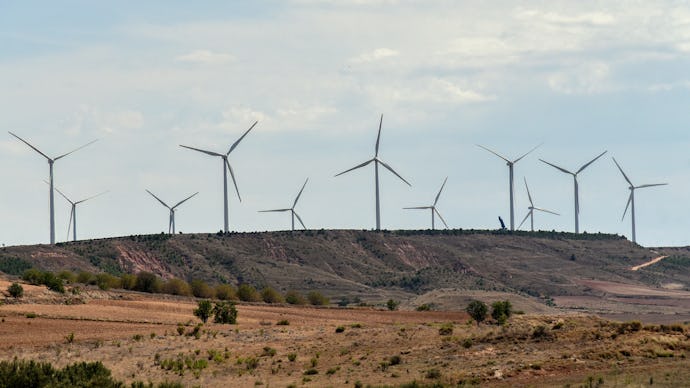 PRADEJóN, LOGROñO, SPAIN - 2021/08/25: A view of wind turbines at the Wind Energy Plant Raposeras in...