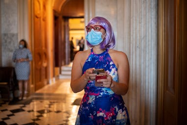 UNITED STATES - SEPTEMBER 16: Sen. Kyrsten Sinema, D-Ariz., departs from the Senate Floor after a vo...