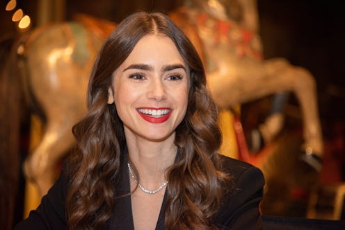 PARIS, FRANCE - SEPTEMBER 27: Lily Collins at the "Emily In Paris" Set Visit at Museo Des Arts Forai...