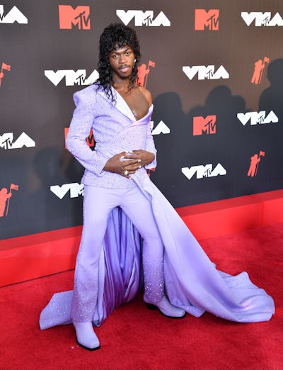 Lil Nas X in a lavender suit and dress combo at the 2021 VMAs.